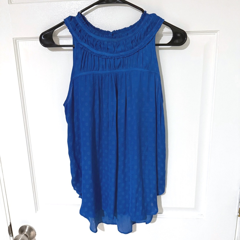 Maeve Anthropologie Royal Blue Swiss Dot Ruffle Neck Sleeveless Blouse Size 2